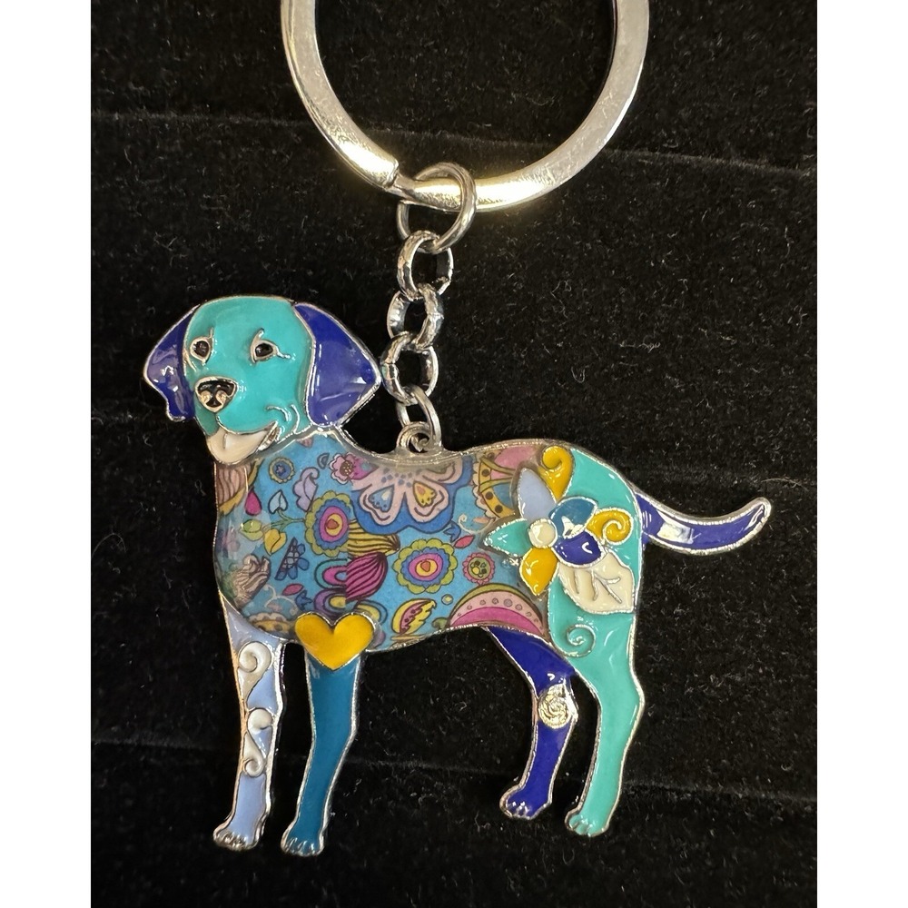 Dog Lover Gift Labrador Keychain Colorful Blue Teal Yellow Heart Silver Tone